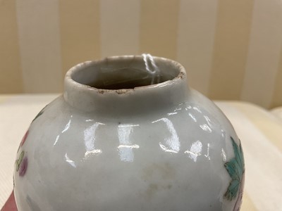 Lot 41 - 18th century Chinese porcelain tea canister, ovoid form with reticulated scroll foot, polychrome painted with ducks and flowers