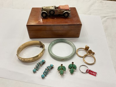 Lot 966 - Rolled gold bangle, jade/hardstone bangle and three pairs of costume earrings