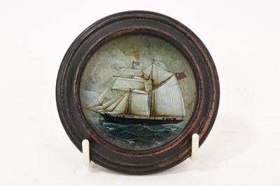 Lot 807 - Antique miniature reverse painted glass picture of a ship at full sail, in period wood frame