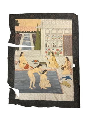 Lot 881 - Indian painted silk hanging, finely painted with a bathing scene, 19th century or earlier