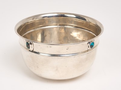Lot 243 - Arts & Crafts Liberty & Co Cymric silver bowl, set with natural turquoise cabochons.