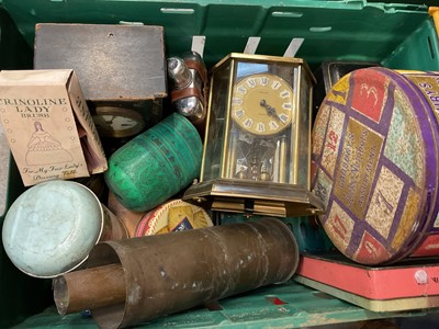 Lot 36 - Sundry items, including vintage tins, clocks, Meccano, cameras, etc (4 boxes)