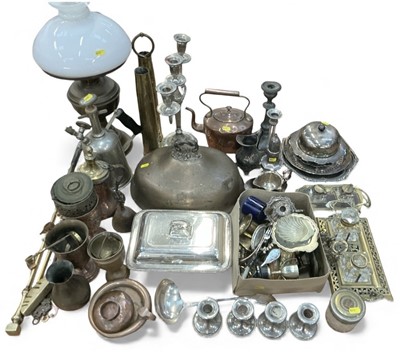 Lot 459 - Collection of miscellaneous metalwares to include brass shell cases, oil lamps, silver plates wares and other items.