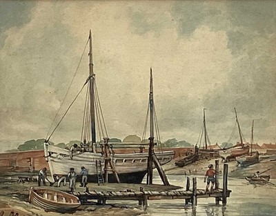 Lot 1112 - Early 20th century English School watercolour study - figures and boats in a harbour, 28.5cm x 36.5cm framed and glazed