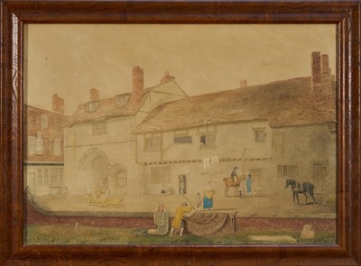 Lot 1129 - Early 19th century English Naive School, watercolour of the remains of Bermondsey Abbey, a sign to one of the buildings for 'William Mason,...