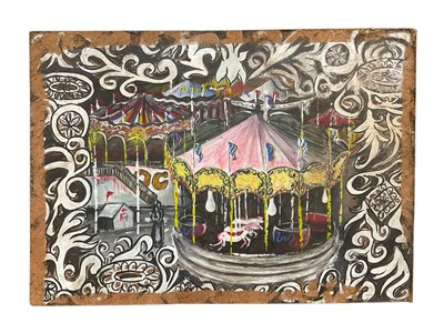 Lot 1121 - Late 20th century mixed media on board - Merry go round, 31 x 42cm