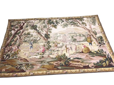 Lot 824 - Pair of tapestries depicting hunting scene and the other of a castle and figures, both measuring approximately 270cm x 177cm