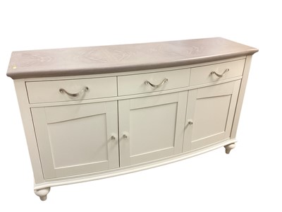 Lot 1370 - Contemporary white bowfront sideboard with three drawers and cupboards below, 154cm wide, 48.5cm deep, 88cm high