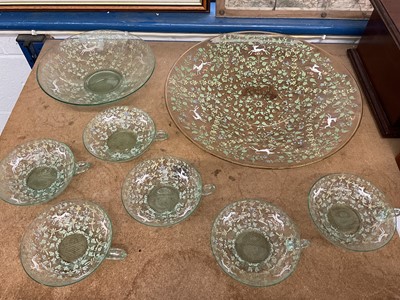 Lot 50 - Group of enamelled Venetian glassware, believed to date from 1920s, decorated with leaping deer and foliate patterns, to include a large dish, bowl and set of six saucer cups