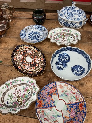 Lot 23 - Group of ceramics, including an antique Japanese blue and white shallow bowl with six-character mark, a Meissen blue and white tureen and pierced plate, etc, together with a Japanese cloisonné v...
