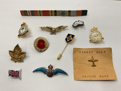 Lot 125 - Silver and enamel RAF badge, others military pins and badges, and a medal bar