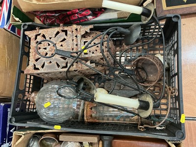 Lot 500 - Two glass lanterns, a metal lantern and two candle holders, (1 box).