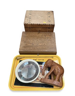 Lot 486 - Victorian parquetry work box containing glass bottles, oak cutlery canteen, Benson and Hedges metal tray and sundries.