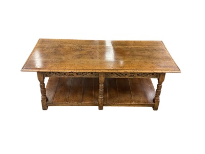 Lot 1389 - Good quality carved oak coffee table with undertier, 122cm x 52cm x 46cm high