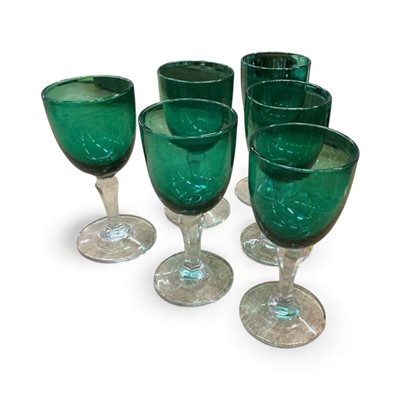 Lot 480 - Set of six Victorian Bristol Green wine glasses with facet cut stems, (6).