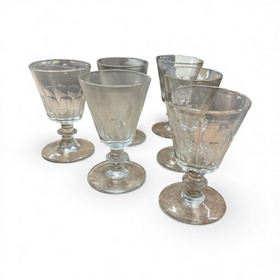 Lot 481 - Set of six Victorian wine glasses with slice cut decoration and knopped stems, (6).