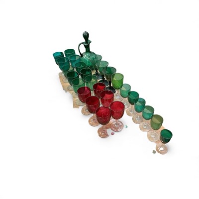 Lot 521 - Group of Victorian Bristol Green and Cranberry glassware to include six wine glasses and ewer.