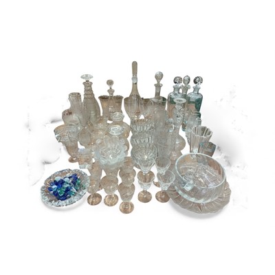 Lot 520 - Group of assorted glassware to include cut glass decanters, dishes and wine glasses.