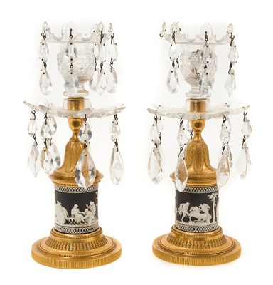Lot 77 - Pair of early 19th century Wedgwood, ormolu and cut glass candlesticks