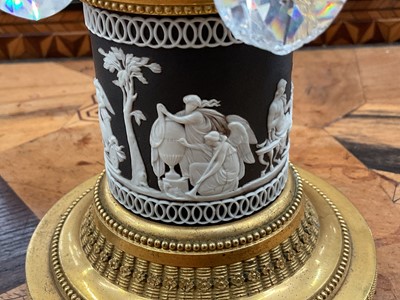 Lot 77 - Pair of early 19th century Wedgwood, ormolu and cut glass candlesticks
