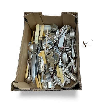 Lot 514 - Silver spoon and pusher, silver napkin ring and large quantity of assorted plated cutlery.