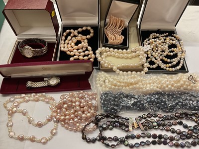 Lot 926 - Group of contemporary cultured pearl necklaces, together with two Ingersoll stainless steel wristwatches and other items
