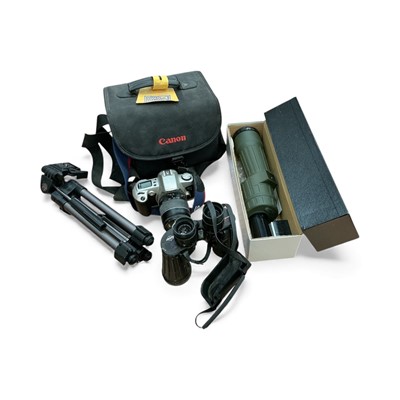 Lot 513 - Canon Eos camera, binoculars, scope and accessories.