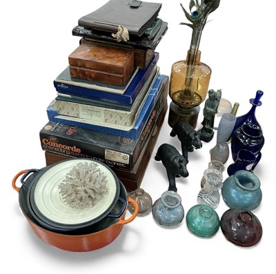 Lot 516 - Group of glassware and sundries to include enamel dishes, cutlery and sundries.