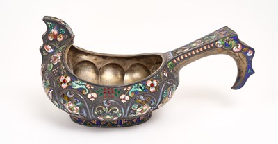 Lot 214 - Early 20th century Imperial Russian silver and enamel Kovsh, with lobed body and hooked handle