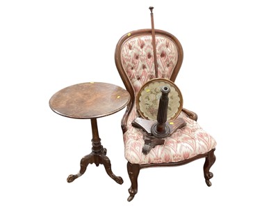Lot 1420 - Victorian walnut tripod wine table, Victorian mahogany framed spoon back chair and a Regency pole screen (3)