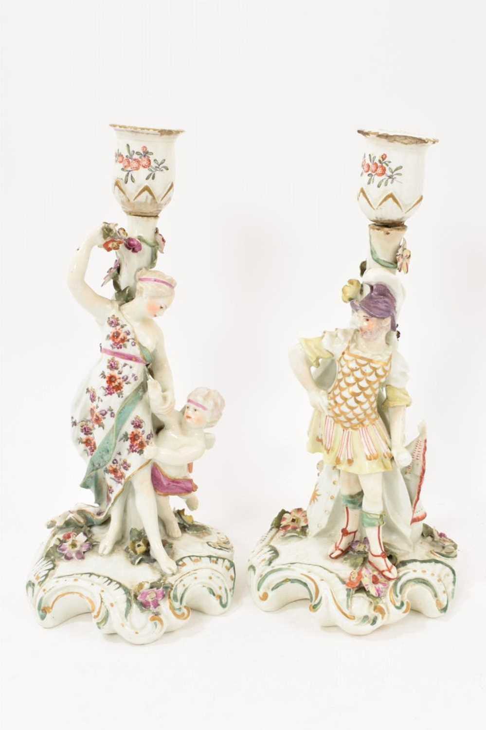 Lot 8 - Pair of 18th century Derby porcelain figural candlesticks of Venus and Mars.