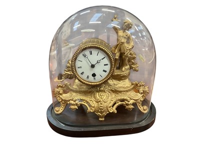 Lot 204 - 19th century Continental gilt metal mantel clock with figural surmount, under glass dome, dome cracked