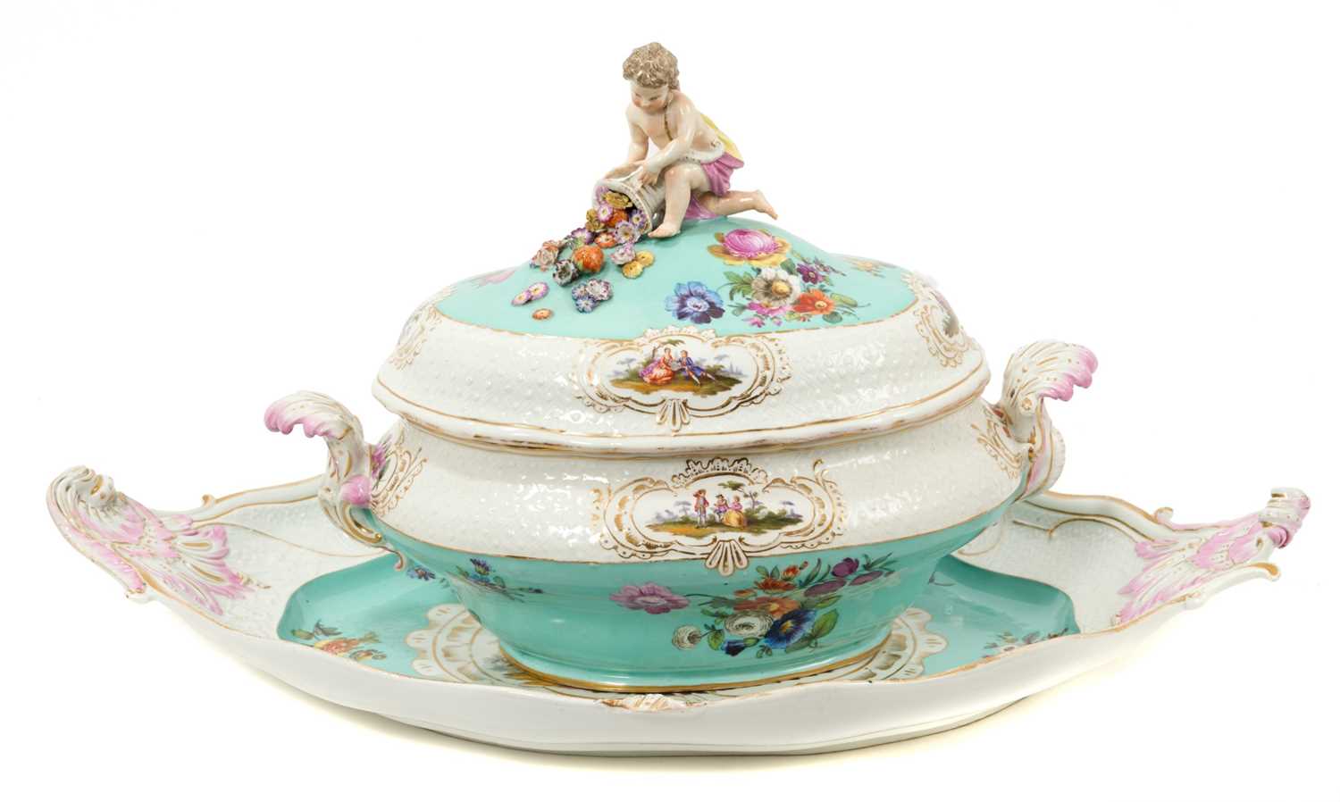 Lot 1 - 18th century Meissen tureen and cover on stand, with later outside decoration