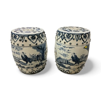 Lot 121 - Pair of Chinese blue and white barrel-shaped porcelain garden seats, 40cm high