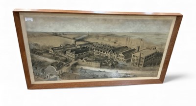 Lot 1133 - George W. Bromwich, ink and watercolour of the Elliot Brothers (London) century works factory, signed and dated 1919, mounted in a glazed frame, image 85 x 45cm.