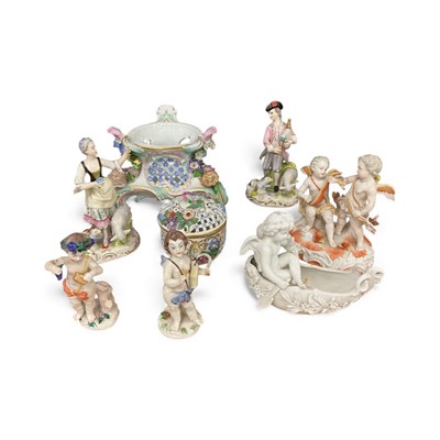 Lot 42 - Group of continental porcelain, including figures, pierced pot, and a stand