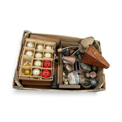 Lot 512 - Group of treen, metalware and sundry items to include a metronome and Christmas baubles, (1 box).