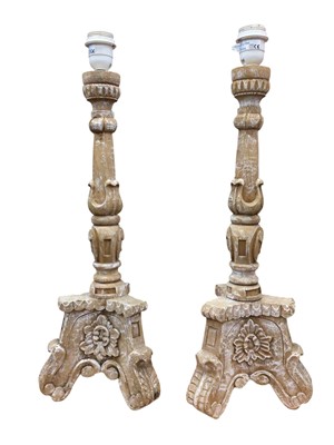Lot 774 - Pair of limed oak table lamps measuring approximately 51.5cm tall excluding fitting