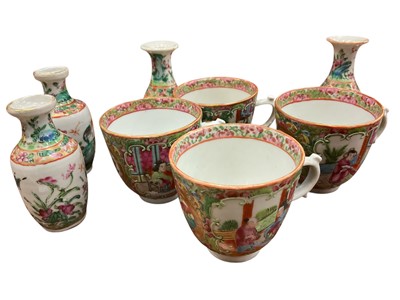 Lot 207 - 19th century Chinese canton enamelled teacups and four similar miniature vases. (8)
