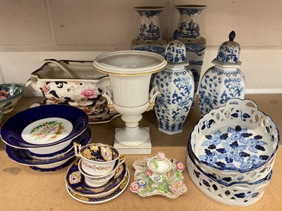 Lot 48 - Group of ceramics, including 19th century English porcelain cups, saucers and inkwell, a Vista Alegre campana shaped vase, etc