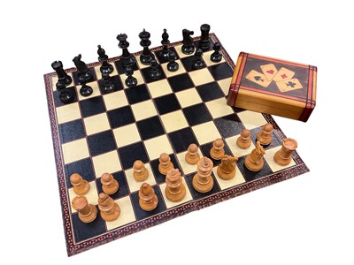 Lot 210 - Wooden chess set and board, together with a card box