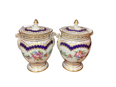 Lot 211 - Pair of hand decorated Dresden vases and covers, 19cm high
