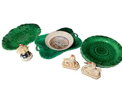 Lot 213 - Pair of Victorian Staffordshire figures of the Royal Lion of England and the Royal Unicorn of Scotland, on shaped bases, 9cms high, together with a prattware plate and group of 7 Wedgwood green...