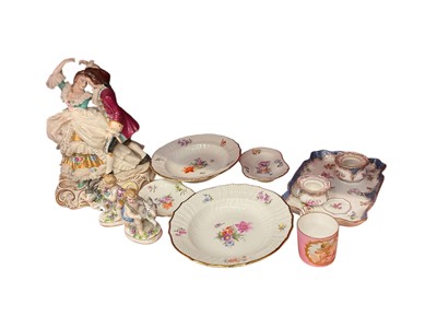 Lot 215 - Group of Royal Copenhagen porcelain dishes and other continental porcelain including inkstand, Dresden figural group, miniature Sevres style cup and pair of putto figures