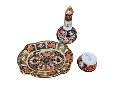 Lot 218 - Royal Crown Derby pin tray, a similar dish abd a Derby bottle vase. (3)