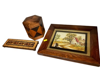 Lot 220 - Tunbridge ware cribbage board, together with a hexagonal inlaid box, rosewood framed embroidery and a cased pair of opera glasses