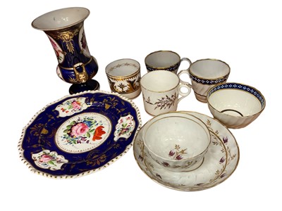 Lot 221 - English porcelain including a Regency Derby urn and similar dish, late 18th / early 19th century Worcester and Minton cups abd saucers.