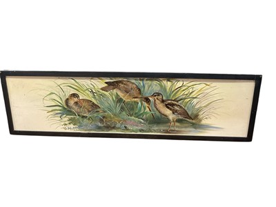 Lot 223 - Late 19th century French tile painted with snipe, 17 x 71cm, presented in wooden frame