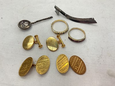 Lot 948 - Pair 9ct gold cufflinks with engraved floral decoration, pair of plated cufflinks, silver gem set ring, costume ring, white metal sword brooch and part of a white metal salt spoon
