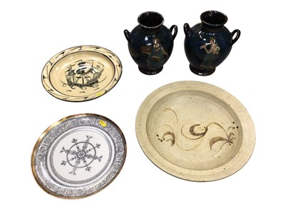 Lot 796 - Two studio pottery plates, a Fornasetti porcelain plate and a pair of classical style pottery vases marked Decoro